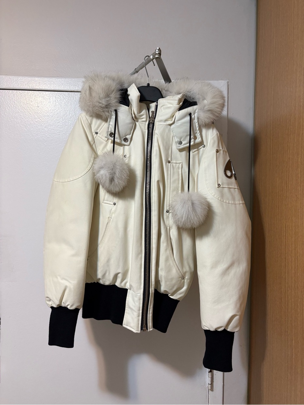 Moose Knuckles Cream Bomber Jacket with Fur Pom-Poms